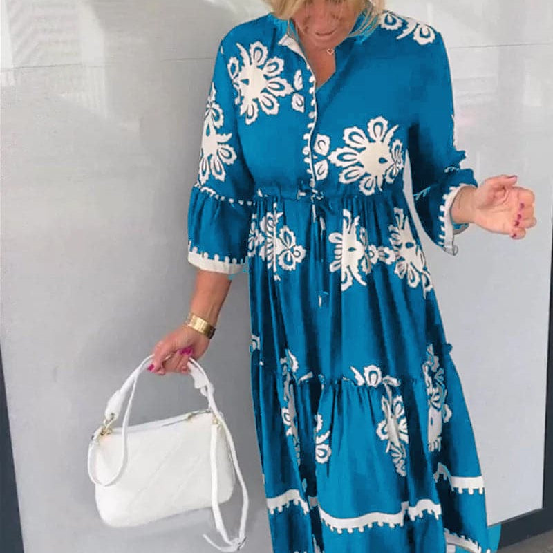 Katia - Virágmintás designer ruha 3/4-es ujjal