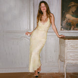 Női slip-on ruha – Slim fit – Szatén – Vintage minta – Bokáig érő