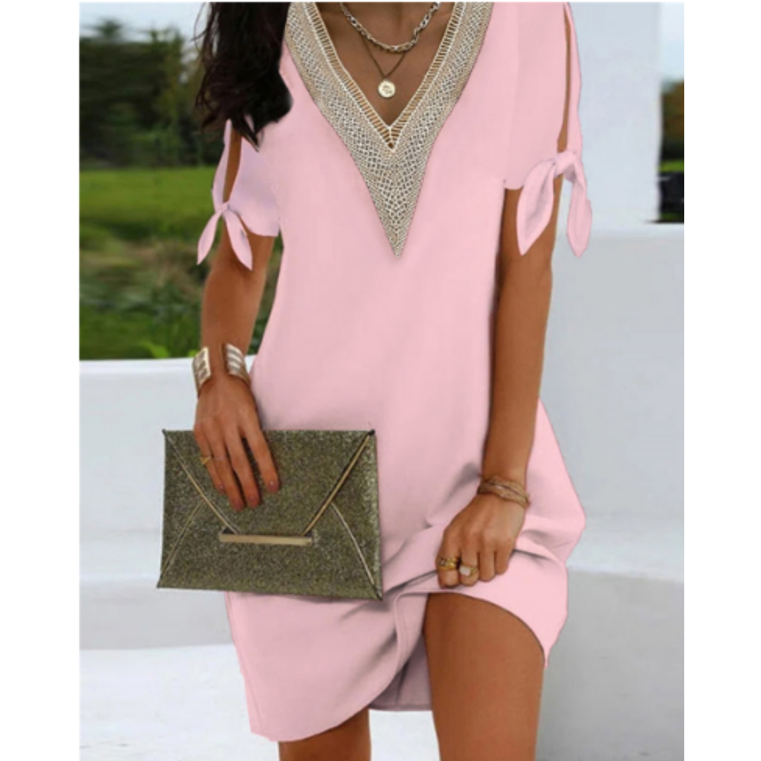 Női tunika ruha – laza szabású – csipke V-nyakú – vállon megkötővel