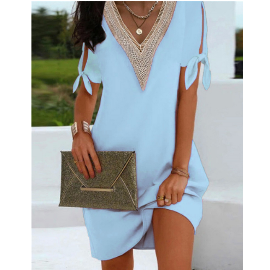 Női tunika ruha – laza szabású – csipke V-nyakú – vállon megkötővel