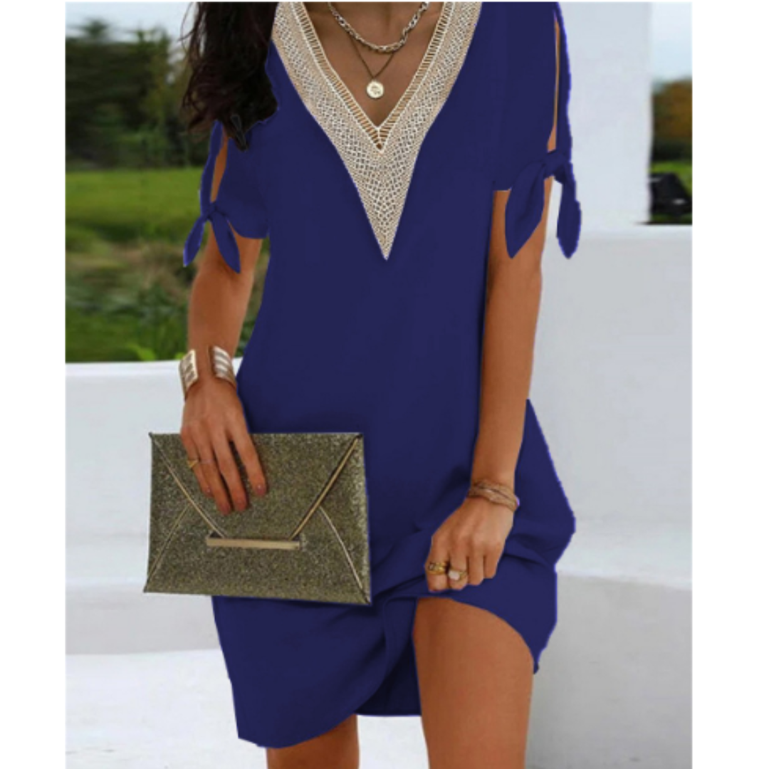 Női tunika ruha – laza szabású – csipke V-nyakú – vállon megkötővel