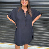 Női kaftán ruha - bő szabású - batikolt minta - fűzős gallér - rövid ujjú