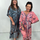 Női kaftán ruha - bő szabású - batikolt minta - fűzős gallér - rövid ujjú