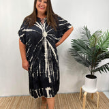 Női kaftán ruha - bő szabású - batikolt minta - fűzős gallér - rövid ujjú