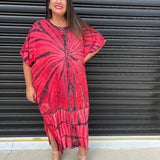 Női kaftán ruha - bő szabású - batikolt minta - fűzős gallér - rövid ujjú