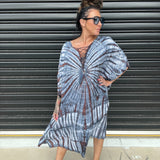 Női kaftán ruha - bő szabású - batikolt minta - fűzős gallér - rövid ujjú