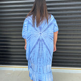 Női kaftán ruha - bő szabású - batikolt minta - fűzős gallér - rövid ujjú