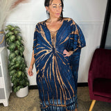 Női kaftán ruha - bő szabású - batikolt minta - fűzős gallér - rövid ujjú