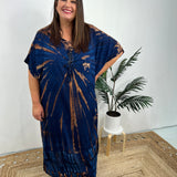 Női kaftán ruha - bő szabású - batikolt minta - fűzős gallér - rövid ujjú