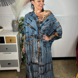 Női kaftán ruha - bő szabású - batikolt minta - fűzős gallér - rövid ujjú