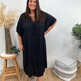 Női kaftán ruha - bő szabású - batikolt minta - fűzős gallér - rövid ujjú