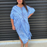 Női kaftán ruha - bő szabású - batikolt minta - fűzős gallér - rövid ujjú