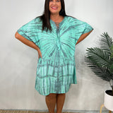 Női kaftán ruha - bő szabású - batikolt minta - fűzős gallér - rövid ujjú