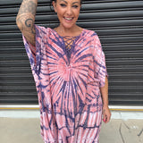 Női kaftán ruha - bő szabású - batikolt minta - fűzős gallér - rövid ujjú